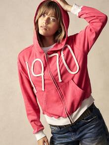 Bohemela Áo hoodie dệt kim họa tiết số chắp vá nhiều màu sắc thông thường dành cho nữ - Màu Đỏ Sâu - Xem 2
