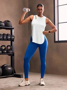 Powerista Cut Out Curved Hem Sports Tank Top Fitted Shirt - White - View 2