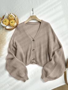SHEIN EZwear 大码休闲纯色灯笼袖开衫，杏色女式秋冬装 - 駝色 - 查看 1
