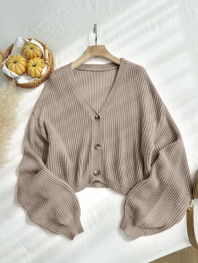 Comfortcana Plus Size Casual Solid Color Lantern Sleeve Cardigan, Apricot Autumn Winter Clothes For Women