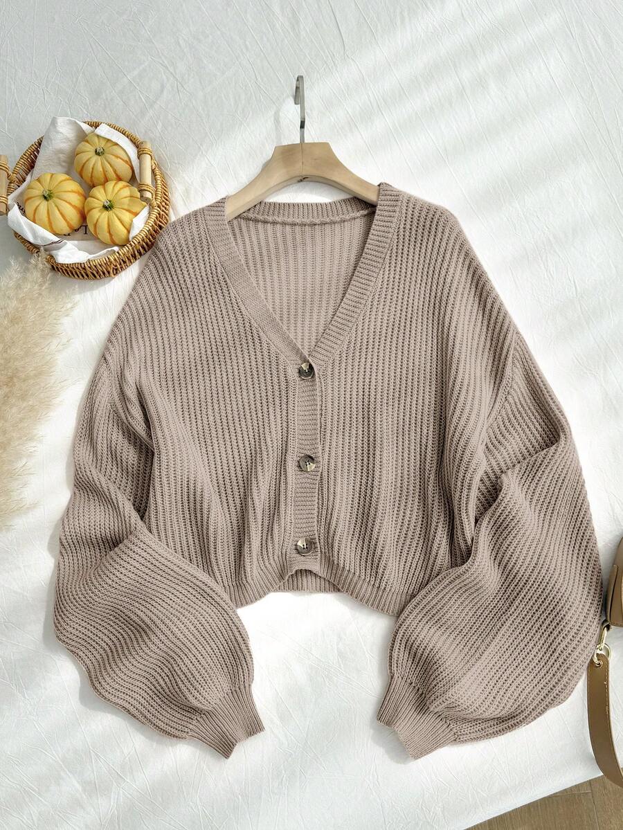 SHEIN EZwear 大码休闲纯色灯笼袖开衫,杏色女式秋冬装 - 駝色 - 查看 1