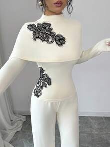 Elenzga 2pcs Women Elegant Embroidered Lace Long Sleeve Top And High Waist Casual Pants Set - Apricot - View 3