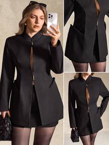 Elegantrix 女士秋冬西装外套，金属纽扣设计，收腰剪裁，适合办公室穿着，优雅大方 - 黑色 - 查看 1