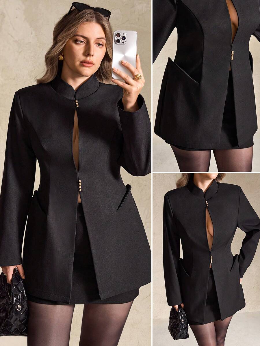 Elegantrix 女士秋冬西装外套，金属纽扣设计，收腰剪裁，适合办公室穿着，优雅大方 - 黑色 - 查看 1