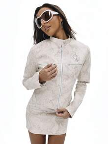 BABYPHAT Áo khoác Moto in họa tiết da rắn ôm sát có khóa kéo, cổ đứng, tay dài, dài đến hông, áo khoác ngoài thu đông - Màu be - Xem 5