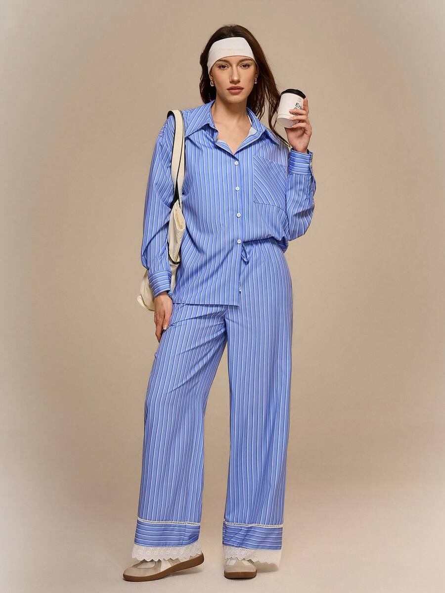 Hanevo 2pcs Women's Blue And White Stripe Loungewear,Collared Button-Up Long Sleeve Top & Waist Tie Pants Set,Elegant Casual Autumn Outfit For Commute - Blue and White - View 1