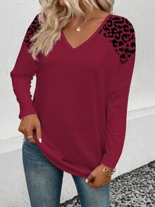 EMERY ROSE Women's Casual V-Neck Bestselling Leopard Print Long Sleeve T-Shirt - Burgundy - View 3