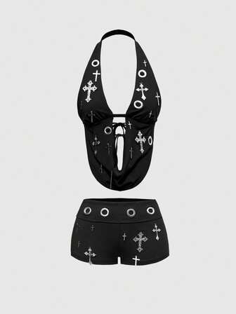 ROMWE Avant Y2K Baddie Streetwear Cross Metal Pendant Grommet Decor Crop Top & Shorts Set For Women