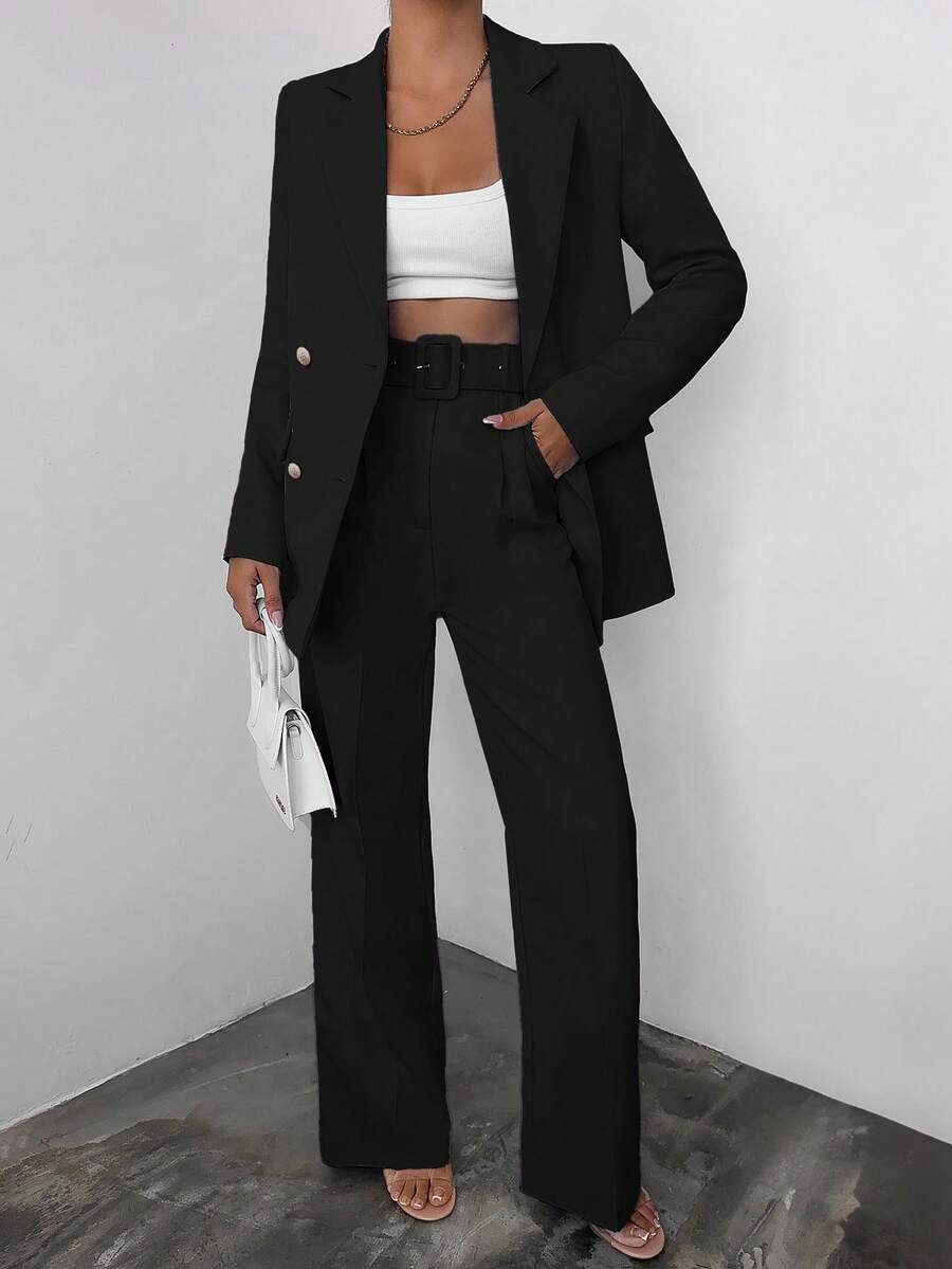 EURMUSE Women's Solid Color Lapel NeckLong Sleeve Jacket And Flared Pants Elegant Suit Set - Hitam - View 1
