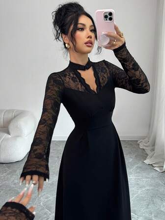 SHEIN Raffinéa Sexig klänning med ihålig spets och v-ringning för kvinnor