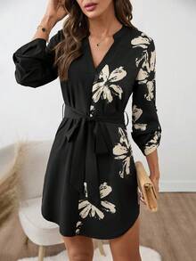 SHEIN Clasi Đầm nữ cổ chữ V tay bèo họa tiết hoa thường ngày có thắt lưng - Nhiều màu - Xem 3