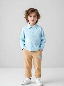 Souflis 2pcs/Set Young Boys Fall Clothes For Boy Elegant Casual Daily Style Suit Outfits,Long Sleeve Dot Print Pattern Button Casual Shirt&Solid Color Long Overalls - Multicolor - View 4
