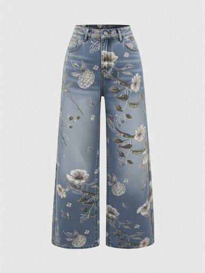 Fairycore Vintage Floral Print Washed Loose Wide Leg Jeans For Women