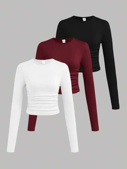 SHEIN Girlism 3pcs/Set Teen Girl Solid Color Crew Neck Ruched Long Sleeve T-Shirts Girls Tight Tops 3 Pack Tops Long Sleeve Tops