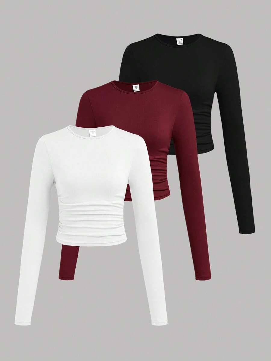 SHEIN Girlism Bộ 3 áo thun tay dài cổ tròn màu trơn cho bé gái tuổi teen - Màu Đỏ Sâu - Xem 1