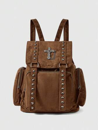 Goth حقيبة ظهر جلد اصطناعي بطراز بانك عصري مزينة بالزوايا المعدنية