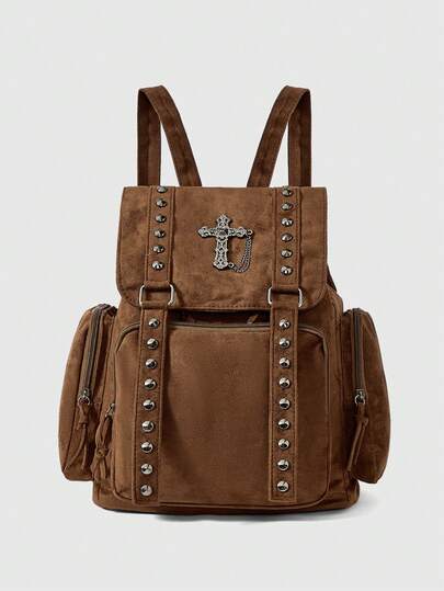 Goth حقيبة ظهر جلد اصطناعي بطراز بانك عصري مزينة بالزوايا المعدنية