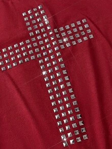ROMWE Grunge Punk Y2K Punk Cross Rivet Design Laser Cut-Out Back Slim Fit Long Sleeve T-Shirt, Solid Color Versatile - Burgundy - View 3