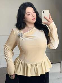 Dazy Plus Valentine Velvet Oblique Collar Rhinestone Decor Fitted Elegant Pullover Long Sleeve Blouse - Apricot - View 1
