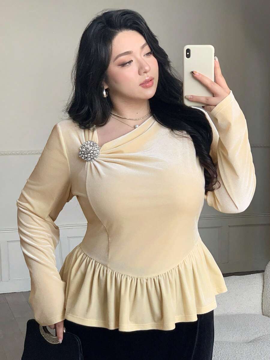 Dazy Plus Valentine Velvet Oblique Collar Rhinestone Decor Fitted Elegant Pullover Long Sleeve Blouse - Apricot - View 1