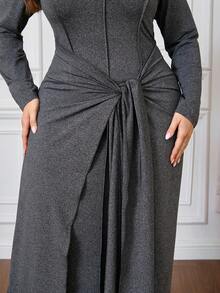 Modelyn Plus Size Women Elegant Fitted Knit Textured Tie Front Crew Neck Long Sleeve Dress, Autumn/Winter