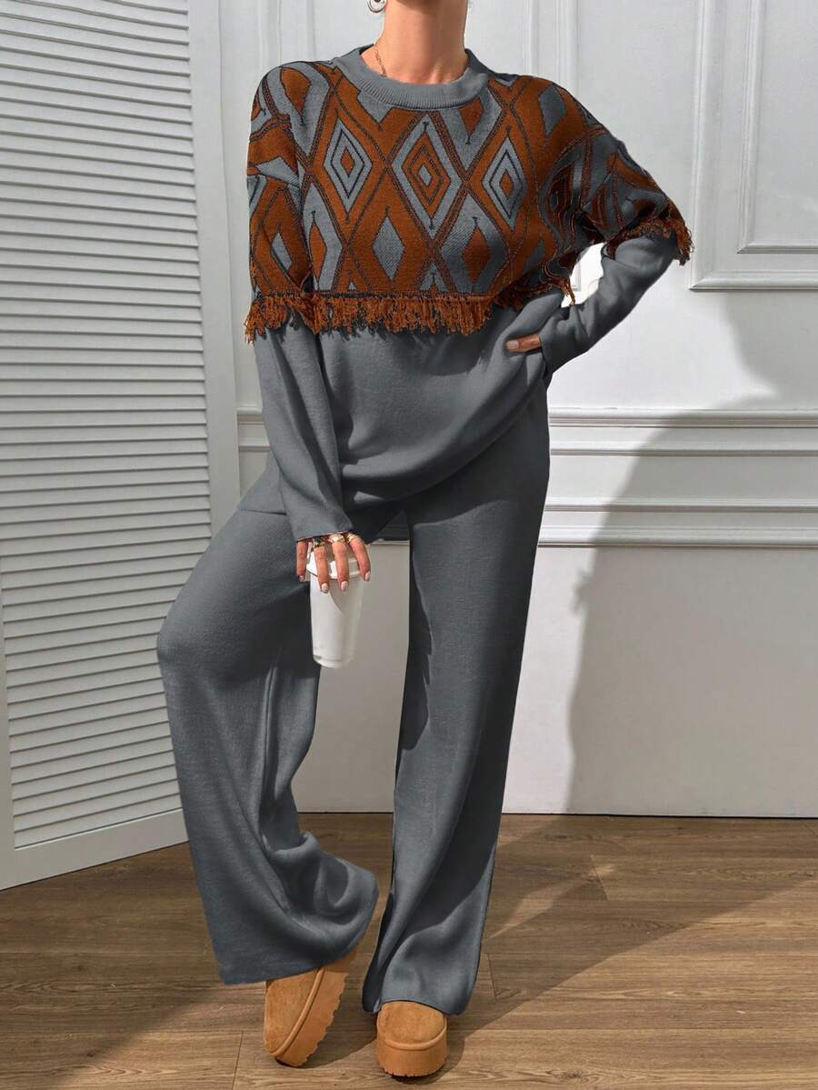 EURMUSE Boho Sweater And Trouser Casual Simple - Grey - View 1