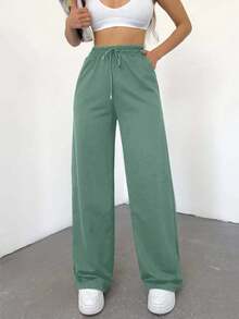 SHEIN Cottnline Pantalones Cargo De Cintura Con Cordón De Color Liso Para Mujer - Verde - Ver 4