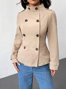 SHEIN PETITE Women's Autumn New Style Stand-Up Collar Long-Sleeved Double-Breasted Waist Trench Coat, Suitable For Daily Street Wear - Khaki - View 8