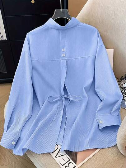 GlowEve CURVE Plus Size Striped Shirt With Button-Down Back Design, Long Sleeve, Elegant