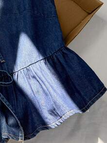Comfortcana Plus Size Denim Jacket, Casual Loose Tie-Waist Bow Decor Ruffle Trim, Blue, Fall Women Clothes - Dark Wash - View 5