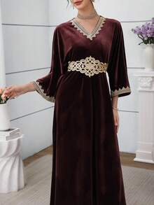 Al Najma 2025 New Fashionable V-Neck Luxury Embroidered Slimming Elegant Turkish Maxi Dress Kaftan Jalabiya Dress - Burgundy - View 6