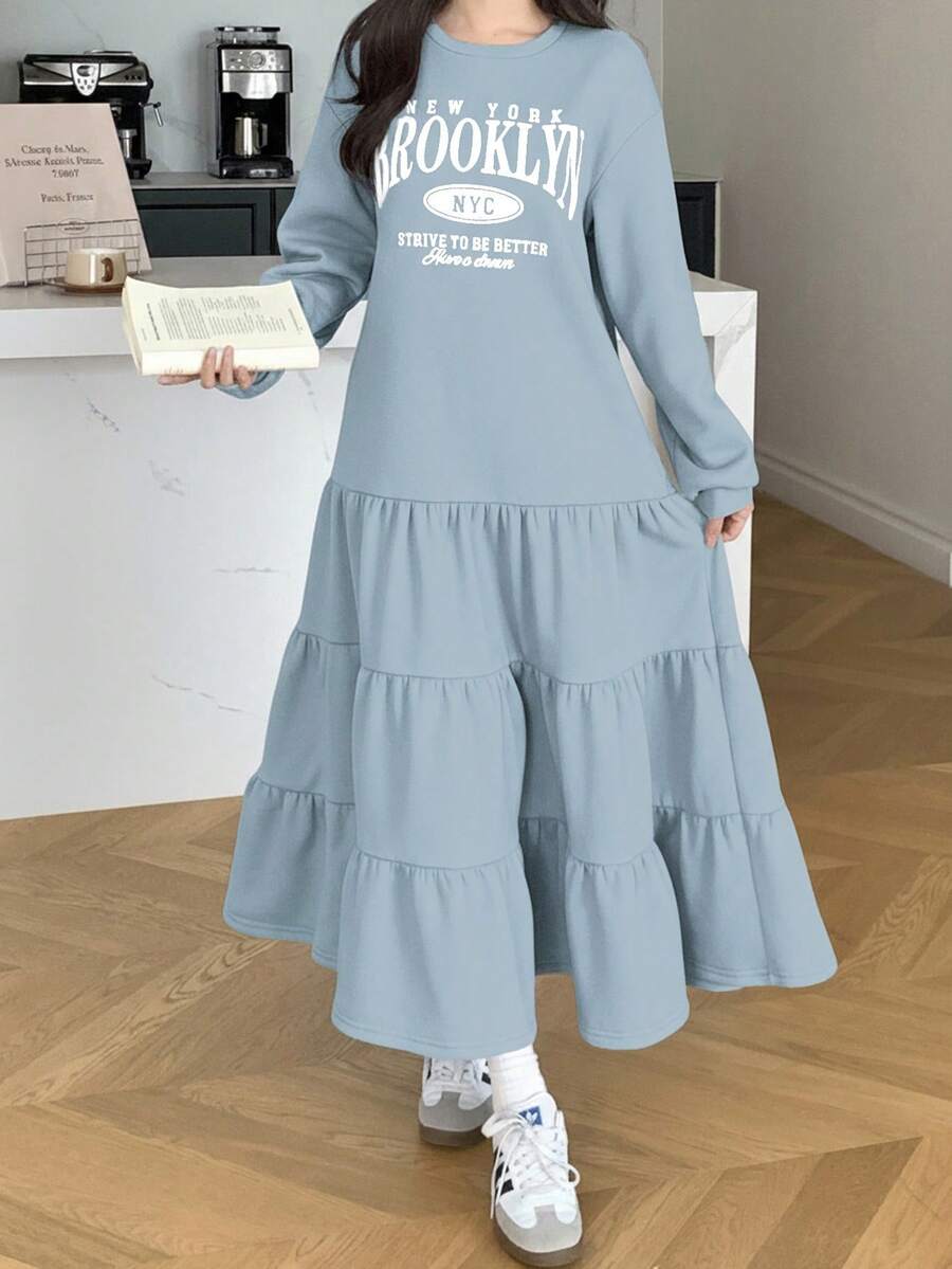 少女休闲宽松圆领落肩保暖内衬褶皱下摆连衣裙，返校季，适合秋冬季节，女童长裙 - 藍色 - 查看 1