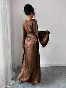 SHEIN Elenzya Đầm tay loe màu trơn thanh lịch dành cho nữ đi làm - Cà phê nâu - Xem 2