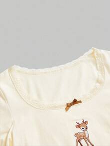 ROMWE J-Fashion 可爱鹿刺绣蕾丝上衣搭配鹿印花喇叭裤，秋冬 - 杏色 - 查看 7