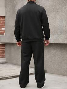 Manfinity Homme 男士黑色几何纹理拉链开衫外套，冬季款 - 黑色 - 查看 2