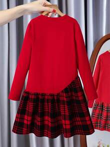 Girls' Casual Red Plaid Patchwork Long Sleeve Dress With Bow Accent,Cute School Back-To-School Autumn Winter Christmas Outfit,Versatile Daily Wear - Red - View 2