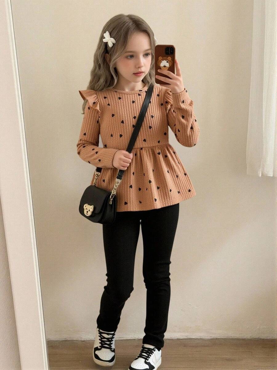 Elladie kids مجموعة تي شيرت بأكمام طويلة وطباعة قلوب وتنورة ليغنز للبنات الصغيرات، موسم الربيع/الخريف، 2 قطعة - كاكي - مشاهدة 1