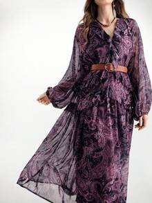 Aveloria Modichic Bohemian Style Loose Ruffled Hem Dress With Belt, Layered Long Sleeve Dress - Purple - View 2