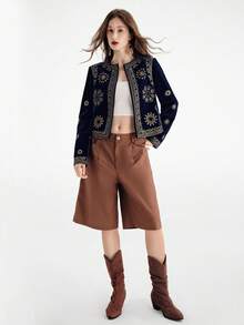 Frievida 高级复古王朝风格3D丝绒刺绣外套，宽松休闲女装 - 寶藍色 - 查看 3