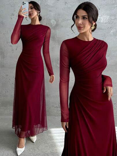 Firerie Women's Elegant Formal Office Commute Casual Vacation Party Vintage Teacher Autumn Mesh Solid Color Round Neck Waist Pleated A-Line Long Sleeve Maxi Dress, Light Yellow Maroon Dress Burgundy Bridesmaid Dress