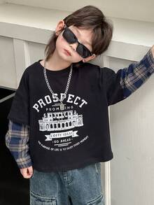 DAZY Kids Fall Clothes, Boys (Toddler) Loose Fit Round Neck T-Shirt, Plaid Sleeve & Letter Print, Casual