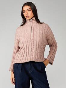 MISSGUIDED Damen Zopfstrick Kapuzenpullover mit Reißverschluss und Mitteltasche, kuschelige Strickjacke für Herbst und Winter - Kamelfarben - Übersicht 5