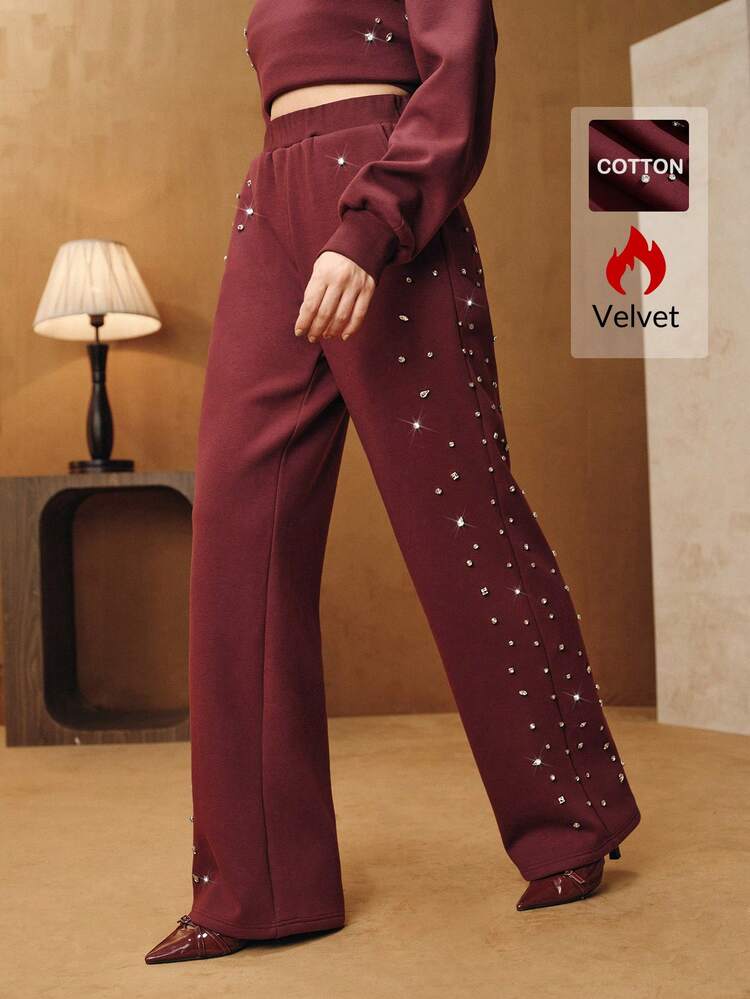Fashionable Rhinestone Embellished Loose Fit Thermal Lined Wide Leg Burgundy Red Sweatpants, Festival, Spring, Sequin, Chic, Casual