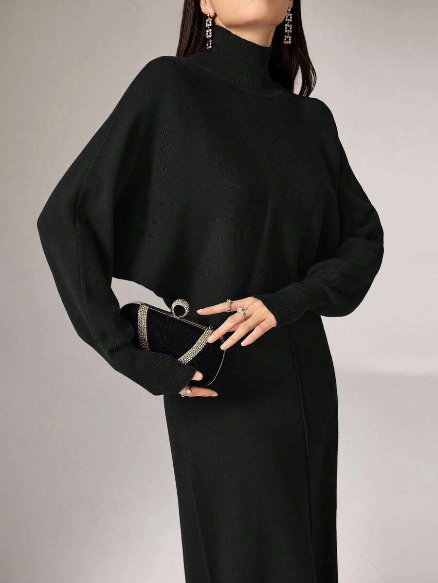 Modelyn 2件套 女士休闲简约优雅高领蝙蝠袖毛衣连衣裙,秋冬两件套 - 黑色 - 查看 1