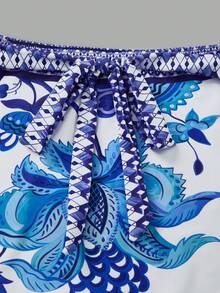 Swim Oasis Women's Floral Print Ruffled Sleeve One Piece Swimsuit With Coverup Skirt, Suitable For Spring/Summer Vacation - Blue and White - View 7