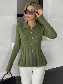 Pariaura 女士秋冬加厚高领修身荷叶边牛仔麻花针织套头毛衣 - 軍綠色 - 查看 3