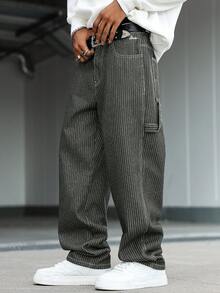 Manfinity Hypemode 男士休闲竖条纹多口袋军绿色工装牛仔裤，街头时尚 - 軍綠色 - 查看 6