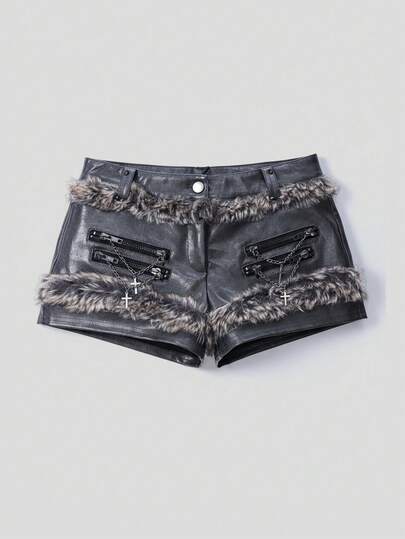 Grunge Punk Shorts mini sexy de cintura baja con parches de piel sintética y lavado desgastado