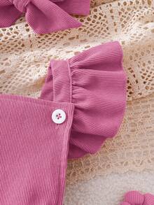 SHEIN Playful Pals Set de 2 piezas de body sin mangas para bebé con bordado de conejito lindo y decoración de pompones, para verano - Rosa Fucsia - Ver 5