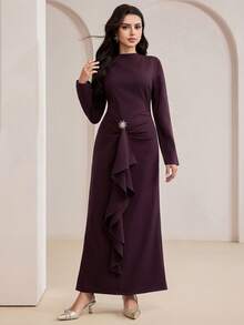 Veilorie Abito elegante da donna con collo rotondo, maniche lunghe, vita arricciata, patchwork e balze sul fondo - Bordò - Visualizzare 3